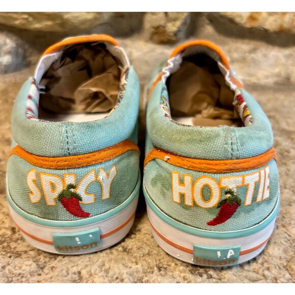 KITSON LA Hotter Than Caliente Aqua Orange Canvas Skater Slip On Shoes 39 or 8.5 - Picture 4 of 6